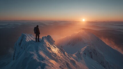 Hiker with trekking poles on ridge trail above valley