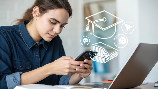 Woman studying with smartphone and online education icons overlay, modern learning lifestyle. - Powered by Adobe