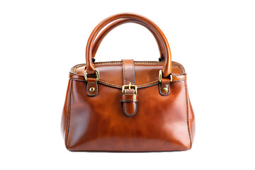 Classic Brown Leather Handbag with Gold Buckle on White Background purse leather bag isolated on a transparent background