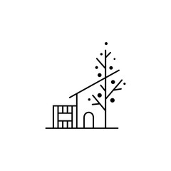Modern house logo with tree branch in minimal line style