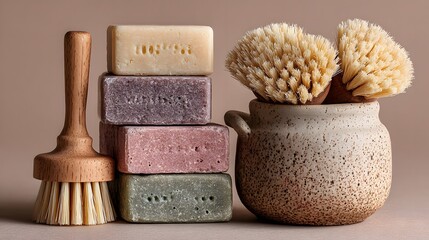 Stacked Handmade Soaps and Brushes in Ceramic Pot