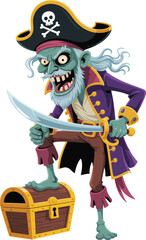 Zombie pirate, cartoon character, vector illustration, undead buccaneer, sword in hand, treasure chest, fearsome figure, Halloween design, clipart, stock image