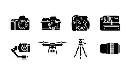 Black and White Photography Equipment Icons Collection