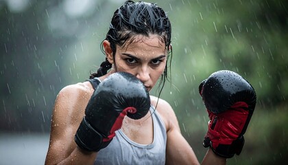 A determined boxer in the rain, gloves raised, intense gaze. Wet hair, focused expression, blurred green background