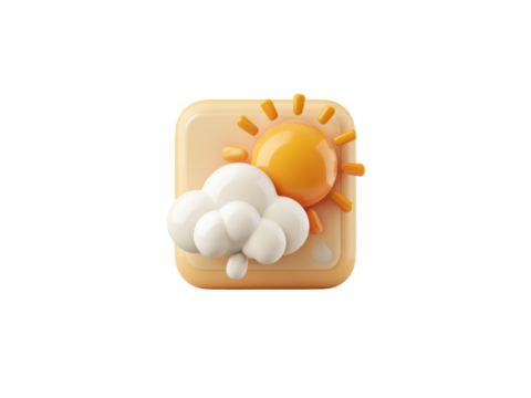 Bright sun peeking from fluffy white clouds on a soft orange background weather forecast, Isolated On Png Transparent Background