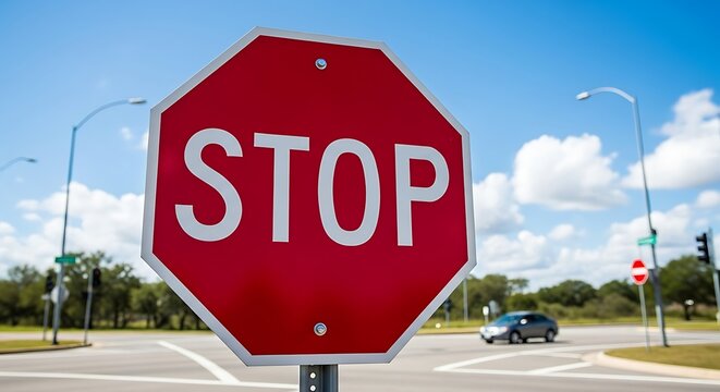 Red Stop Sign at Intersection Under Blue Sky with Clouds. - Powered by Adobe