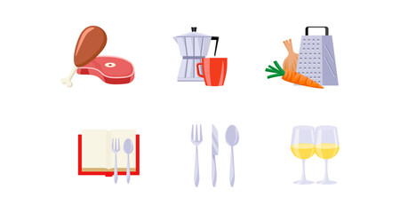 Kitchen essentials: meat, coffee, vegetables, recipes, utensils, wine glasses