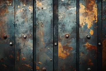 Rusty metal panels with rivets create an aged textured surface close up.