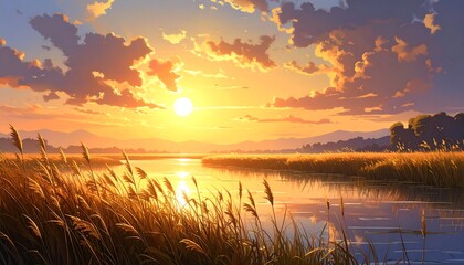 Serene marshland panorama awash in the golden hues of a radiant sunset