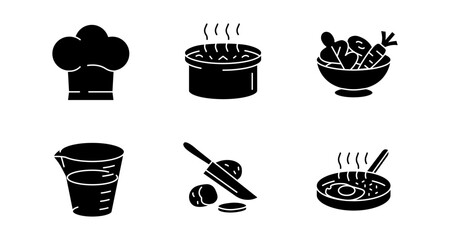 Simple culinary icons: chef hat, cooking, ingredients, slicing, measuring, frying, steaming