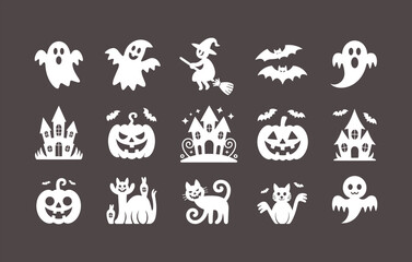 Halloween Vector Silhouettes with Ghosts, Pumpkins, Cats, Witches, Bats, and Haunted Houses – Spooky Clipart Bundle for Party Decor