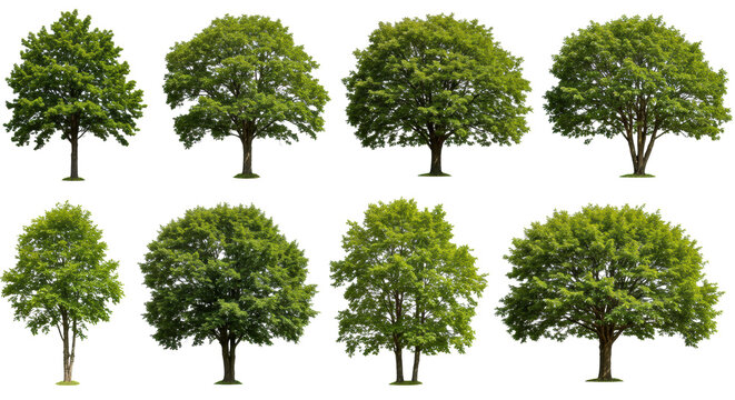 Ten diverse, lush broadleaf trees including oak, maple, birch, elm on a transparent background, individual clean product-style cutouts, ample negative space. Concept of nature assets for design