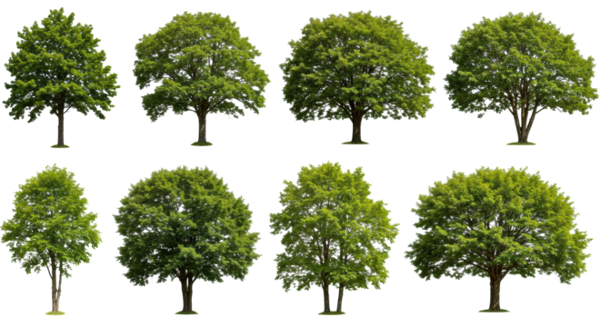 Ten diverse, lush broadleaf trees including oak, maple, birch, elm on a transparent background, individual clean product-style cutouts, ample negative space. Concept of nature assets for design