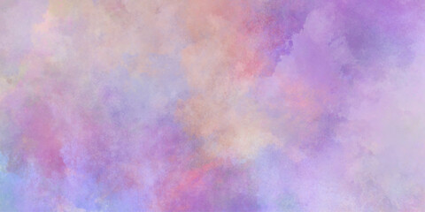 Abstract colorful watercolor drawing on a paper image, with puffy clouds in bright rainbow colors of pink blue yellow orange and purple, fantasy smooth light pink watercolor painted background.