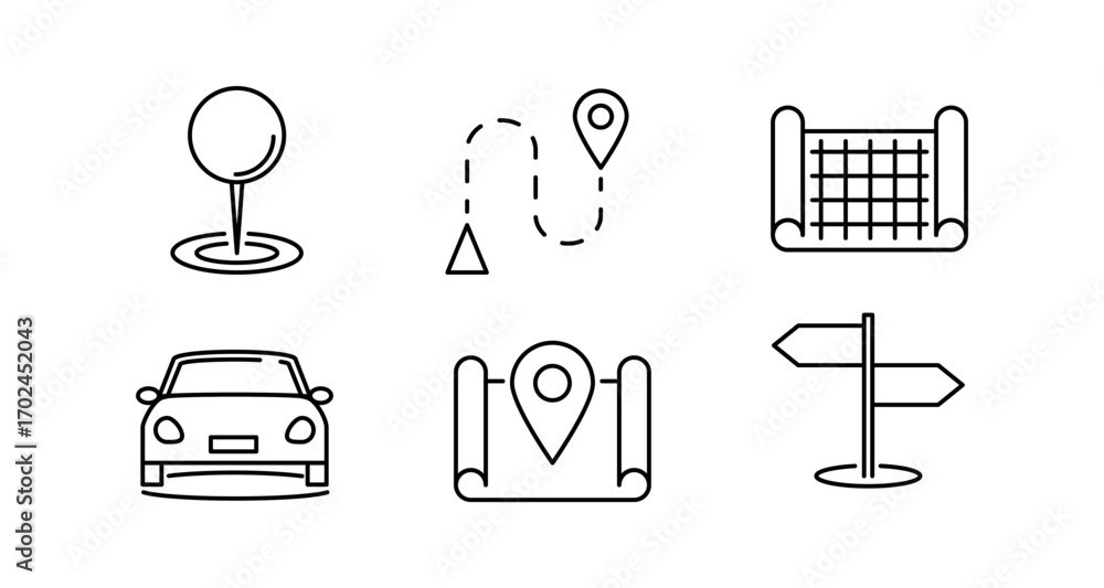 Poster minimal navigation icons set with location, routes, and maps in linear style