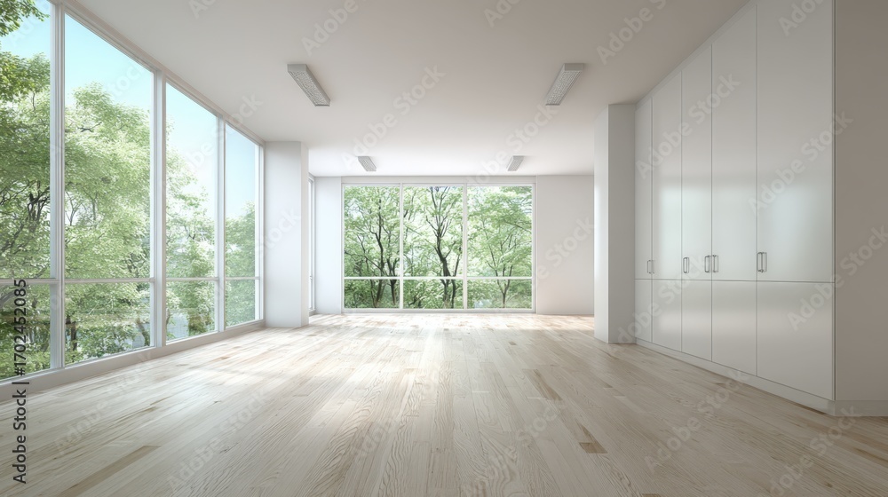 Poster bright empty office space with large windows overlooking green trees offering tranquil and spacious 