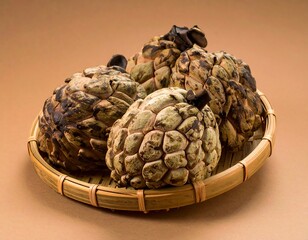 Obraz premium Close-up of dried cherimoya fruits in a woven basket