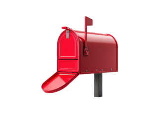 Shiny red mailbox with open door and raised flag on wooden post metal, Isolated On Png Transparent Background