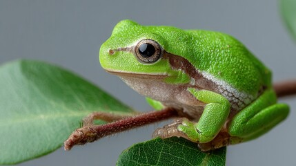 Close-up green frog on leaf with soft grey background