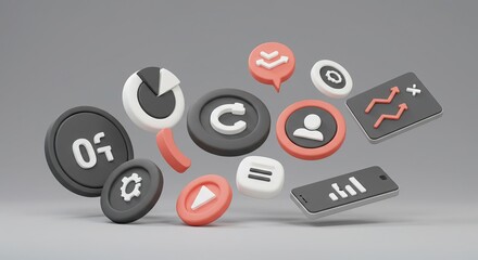Modern 3D icons for digital strategy, data analysis, and user engagement in business