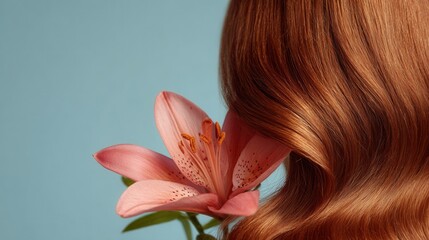 Naklejka premium Lily flower in woman’s hair on plain background