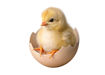 Cute fluffy yellow chick peeking out of a broken light pink egg on chicken isolated on a transparent background