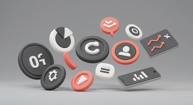 Modern 3D icons for digital strategy, data analysis, and user engagement in business