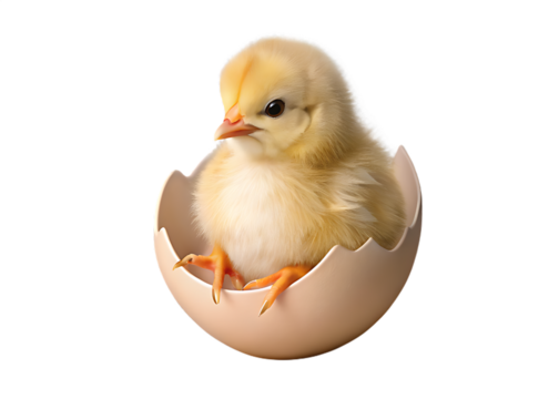 Cute fluffy yellow chick peeking out of a broken light pink egg on chicken isolated on a transparent background
