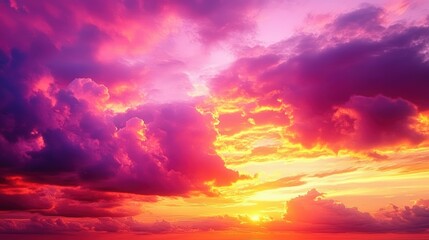 Obraz premium A vibrant sunset with purple and orange hues illuminating the clouds, creating a stunning evening sky.