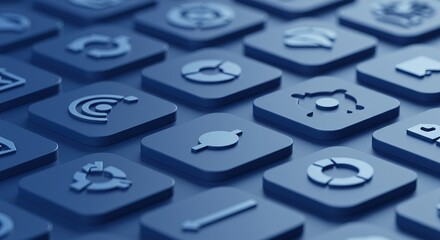 Modern digital interface icons arranged in a sophisticated blue grid for technology and business concepts