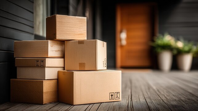 Pile of moving boxes stacked in empty room