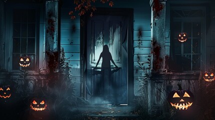 A Spooky Halloween Scene filled with Shadows and JackoLantern Pumpkins for Atmosphere