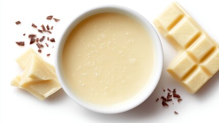 Delicious white chocolate ingredients are photographed perfectly. This image includes a smooth white chocolate spread in a bowl and chocolate pieces around. Ideal for dessert recipes. AI