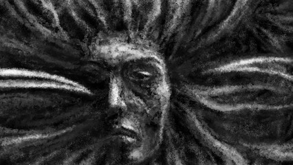 Hellish eye of demon. Black and white illustration. Horror fantasy genre with coal and noise effect.