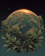 A globe wrapped in olive branches, floating in a starry space