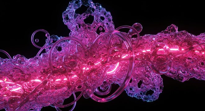 Vibrant abstract fluid forms with glowing pink and blue neon lights create a dynamic, modern scientific concept.
