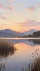 Obraz premium Sunset over tranquil lake with mountains