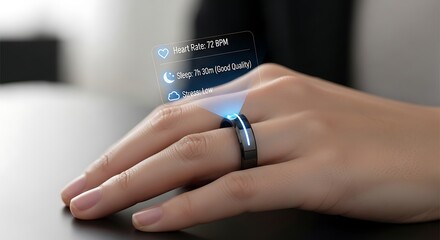 Smart Ring Technology Displaying Health Data on Users Hand.