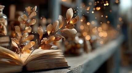 A glowing olive branch floating above an open book in a softly lit library