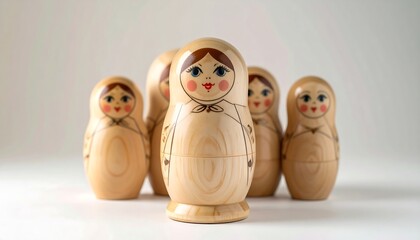 A cluster of handcrafted wooden dolls, each with a painted face, arranged on a plain background. They appear to be of Russian origin