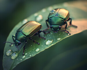 Naklejka premium Colorful Beetles On Dewy Green Leaf