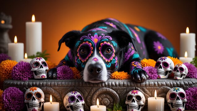Colorful Dog with Sugar Skulls and Marigolds for Day of the Dead