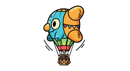 Whimsical Cartoon Hot Air Balloon with Friendly Creature Design. © Ika