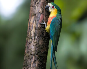 Colorful Parrot Perched On Tree Trunk In Lush Tropical Forest