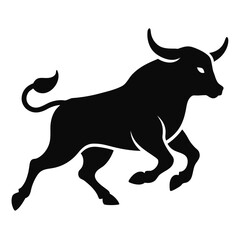 Silhouette of a bull charging forward isolated on white background