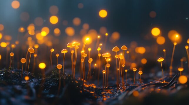 Enchanted Forest: Glowing Mushrooms in the Night - Powered by Adobe