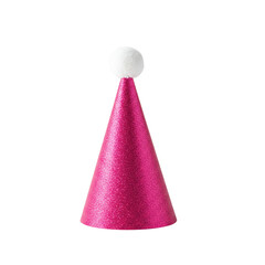 A single, vibrant pink party hat with shimmering glitter and a fluffy white pom-pom, isolated on a transparent background with ample negative space, concept of celebration and joy