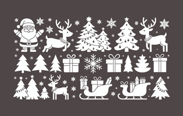 Christmas Icons Collection Featuring Santa Claus, Reindeer, Christmas Trees, Snowflakes, Sleigh, Gifts, and Festive Winter Holiday Decorations