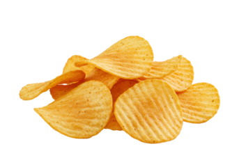 Meticulously arranged golden-brown ridged potato chips, crispy, focus stacked, on a transparent background with soft studio light, ample negative space. Concept of delicious snack advertising