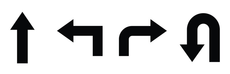 Go Straight This Way One Way Only U Turn Left and Right Black Arrow Sign Direction Icon Set. Vector Image